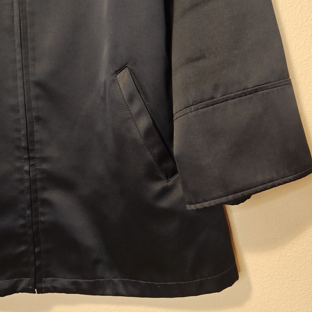 Dennis Basso Jacket Womens Medium Navy Blue Satin Zip Front Leopard Lined 3/4 Sl - Picture 4 of 13